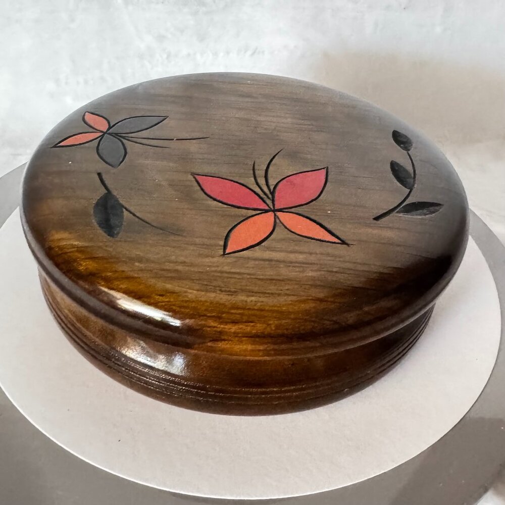Wood Lacquered Round 6" Trinket Lidded Box Handmade Floral Decorative Carved Jew